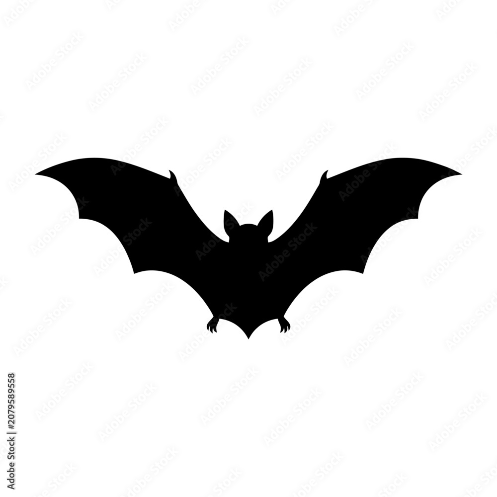 Fototapeta premium Black bat silhouette, flying mammal icon, dark creature symbol, Halloween vector graphic isolated on White Background silhouette