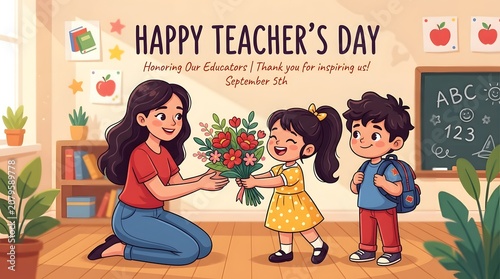 Happy teacher day illustration students gifting flowers to educator september 5th
