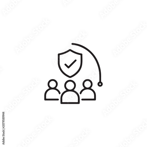 Protected Team with Security Shield Line Icon, Workforce Protection, Group Security Outline Vector Illustration