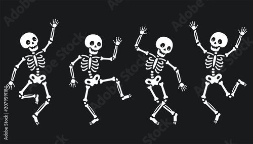 Bild auf Leinwand Five dancing skeletons with arms raised celebrating in a row on black background