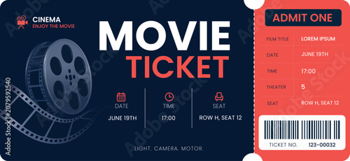 Fotografía Movie ticket template with a film reel, movie poster, barcode, and tear-off ticket