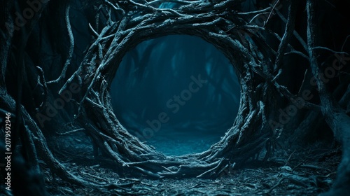 Mysterious circular branch portal in dark spooky forest at night background