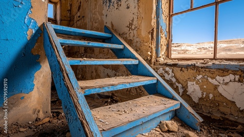 Abandoned house interior with rustic blue wooden stairs and desert window view
