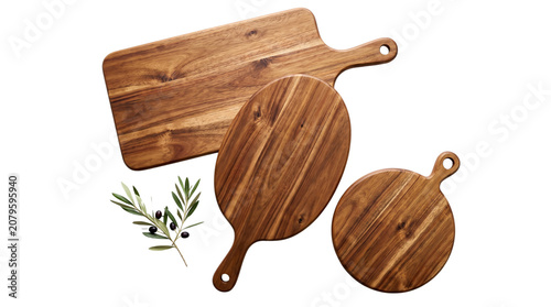 Rustic acacia wood cutting boards with handles, set of three natural wooden serving platters, organic kitchenware for charcuterie and food presentation isolated PNG with Transparent Background