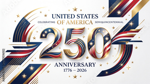United States 250th Anniversary Semiquincentennial celebration banner, patriotic 1776-2026 commemorative design, elegant gold and blue 250 number