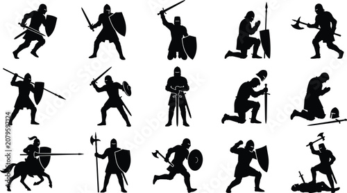 Obraz na plátně Knight silhouette set, medieval warrior black figures vector illustration isolat