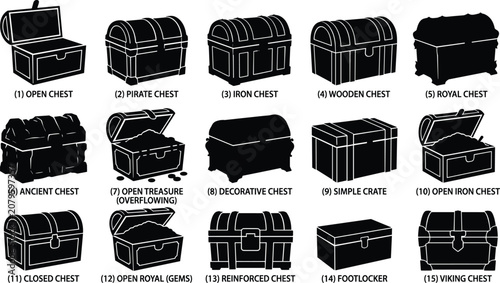 Φωτογραφία Treasure chest silhouette set, ancient wooden box black icons vector illustratio