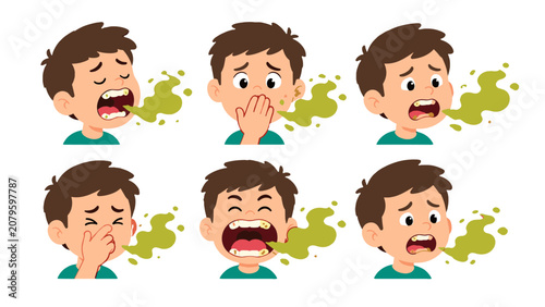 Tableau sur toile Cartoon boy with bad breath and green odor clouds set