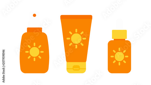 Bild auf Leinwand Orange sunscreen spray, tube and bottle vector set