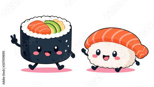 Fotografía Cute sushi characters with smiling faces in cartoon vector style