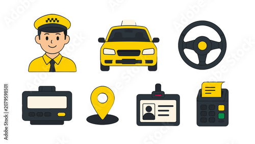 Canvastavla Taxi driver profession icon set with cab and transport symbols