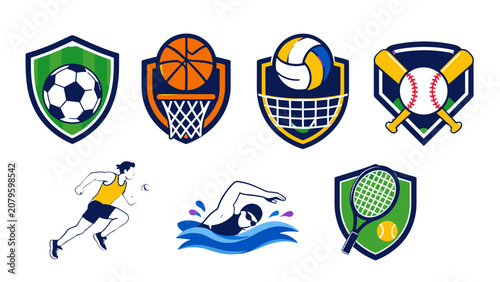 Fotografie Set of sports emblems with balls, runner, swimmer, and racket