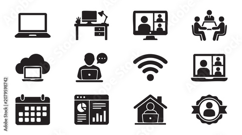 Business icons, office symbols, communication signs, technology graphics, 12 vector elements