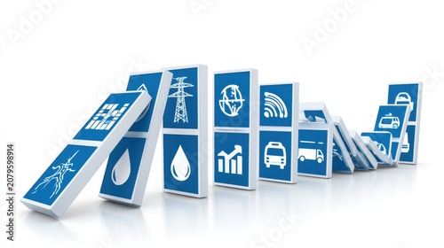 Tall domino blocks show different system icons like power grid and water. They fall in sequence, symbolizing how systems depend on each other.