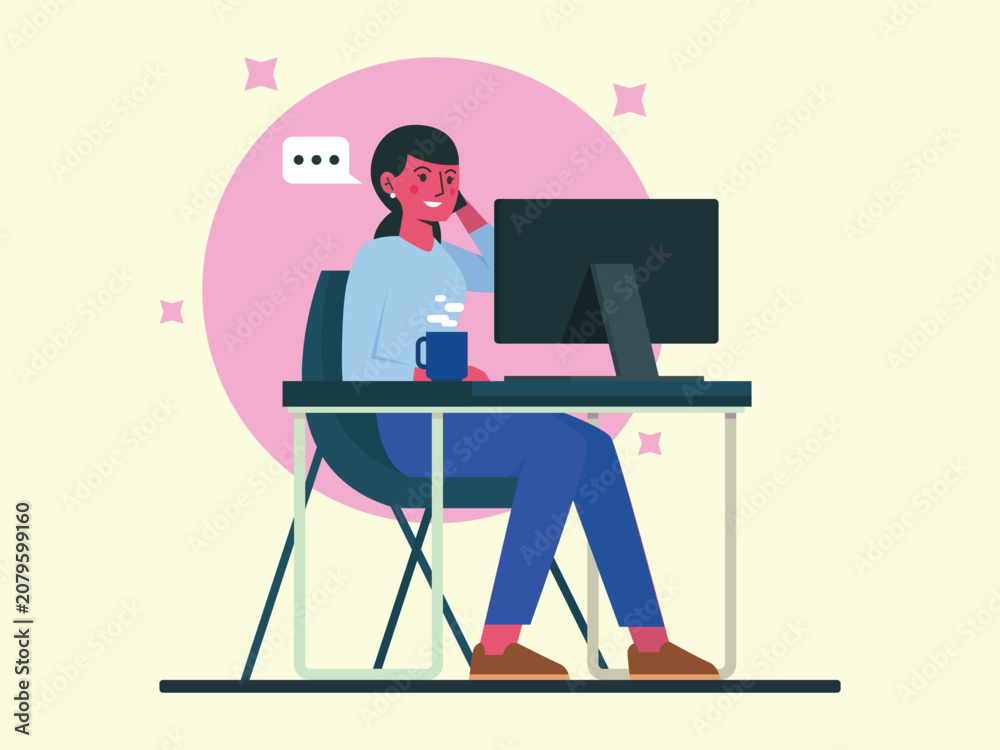 Fototapeta premium Business woman working at desk with computer and coffee while checking phone.
