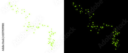 Glowing green fireflies trail on black and white backgrounds, magical bioluminescent light particles, ethereal sparkling dust effect
