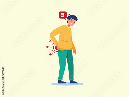 Male character experiencing severe lower back pain with red warning symbol illustration.