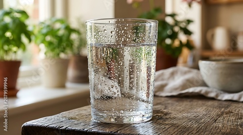 Clear glass tumbler with ice cubes and fresh mint leaves on rustic wooden table