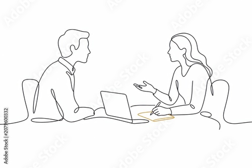 Minimal continuous line art illustration a one one feedback meeting between two professionals in a modern office setting