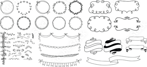 Vintage black hand drawn wreaths frames and banners collection for elegant graphic design.