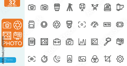 Photo Vector illustration line editable Icons set. Photography, camera, print, photo card, collection. on white background.