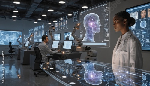 Intelligent healthcare technology center with advanced diagnostic systems, futuristic medical interfaces, and precision AI analytics. 