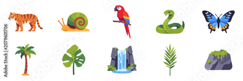 Obraz na płótnie Set of tropical rainforest wildlife and botanical icons with exotic animals, lus
