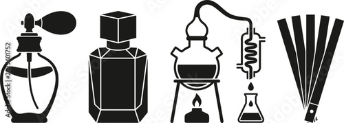 Quadro su tela Perfume Manufacturing and Fragrance Creation Silhouette Set Vector Illustration