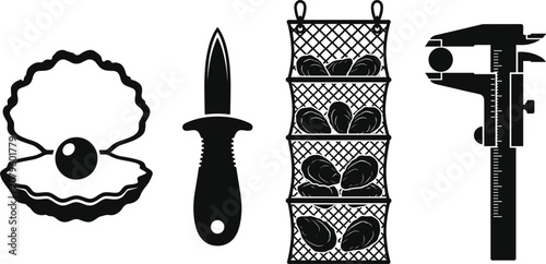 Obraz na płótnie Pearl Farming and Oyster Harvesting Silhouette Set Vector Illustration with Open