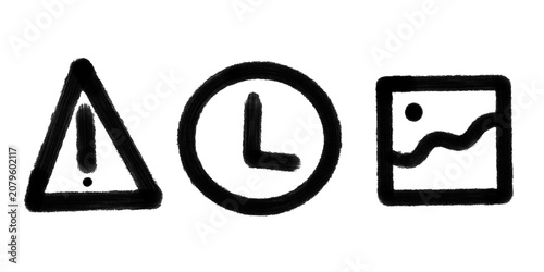 Hand Drawn Warning Triangle, Clock and Image Gallery Icons Set – Black Brush Stroke UI Symbols, Doodle Vector Collection