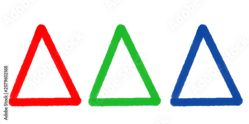 Hand Drawn Triangle Outline Shapes Set – Red, Green and Blue Geometric Warning Frame Icons, Brush Stroke Vector Collection