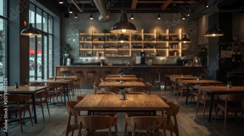 Modern coffee shop interior with empty wooden tables, soft pendant lighting, and calm ambient atmosphere captured in cinematic style