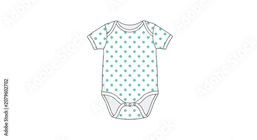 Short sleeve baby bodysuit with teal polka dots on a white background for infant clothing design and retail use.