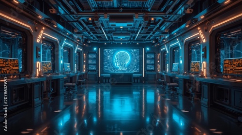 t-generation artificial intelligence laboratory with autonomous robotic systems, glowing digital displays, and ultra-modern technological infrastructure. 