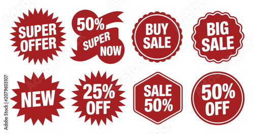 Tableau sur toile Realistic red promotional sale stickers featuring discount price tags, starburst