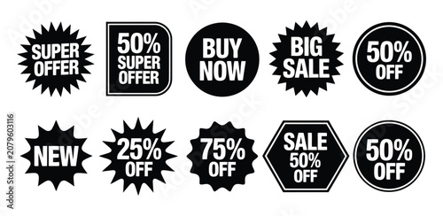 Fotografie Realistic red promotional sale stickers featuring discount price tags, starburst