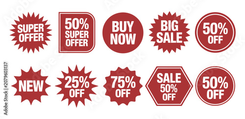 Fotografie Realistic red promotional sale stickers featuring discount price tags, starburst
