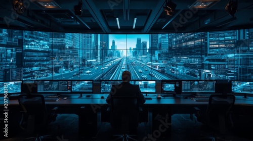 Smart city control hub managing autonomous transportation networks through sophisticated AI-powered monitoring systems and dynamic data screens