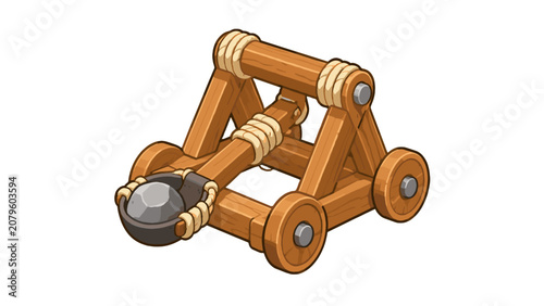 Schilderij op canvas Cartoon wooden catapult with stone isolated on white