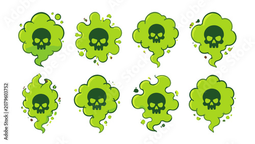 Photos Set of green toxic smoke clouds with skull symbols