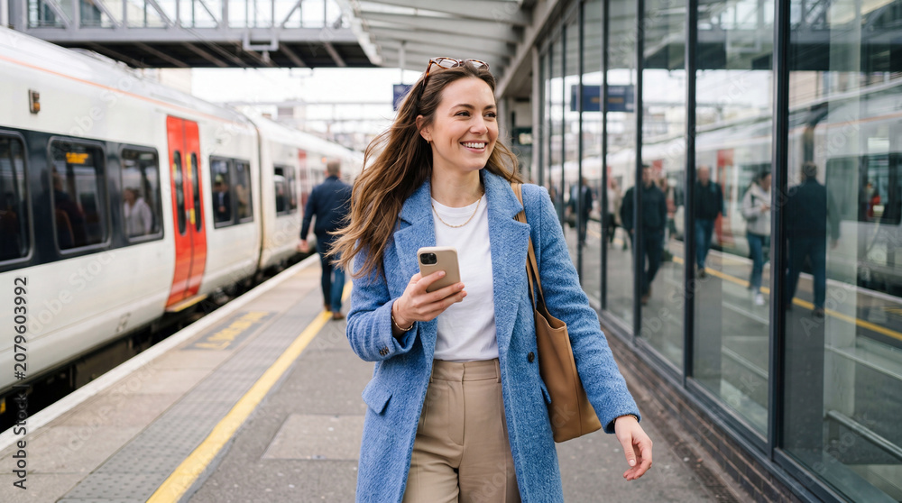 Fototapeta premium Woman walks on train station platform while looking at her phone in a city during daylight hours