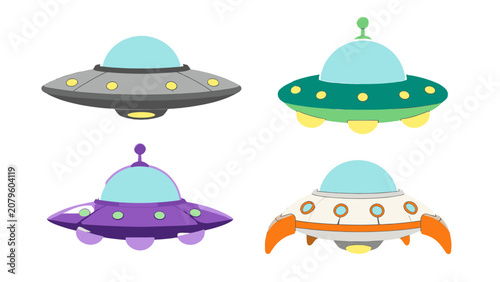 Obraz na plátně Cartoon flying saucer set with four colorful UFO spacecraft