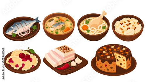 Foto Traditional cuisine dishes set with fish soup dumplings and cake