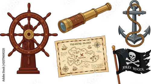 Konstfotografi Vintage Pirate Adventure Nautical Equipment Set Vector Illustration with Wooden