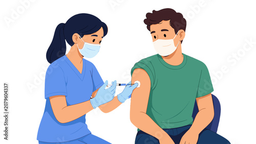 Canvastavla Nurse giving vaccine injection to masked adult man
