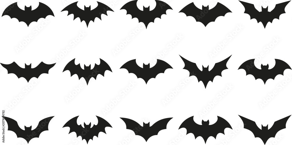 Fototapeta premium Spooky halloween bats collection black silhouette winged creatures for october 31st decorations and party supplies