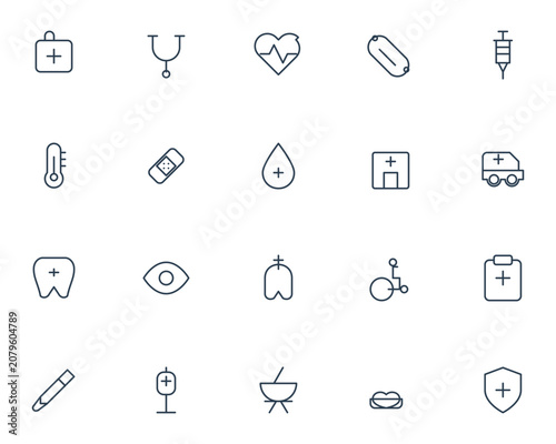 Set of simple black medical and healthcare line icons