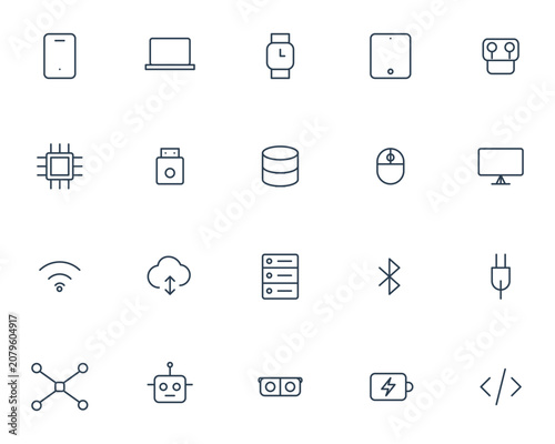 Set of thin line technology and electronic device icons