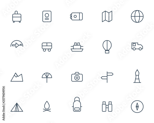 Set of thin line travel and tourism icons