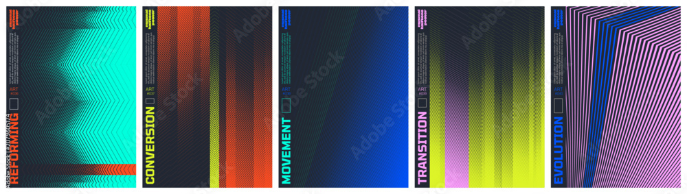 Fototapeta premium Minimalist kinetic halftone artwork visual transformation and dynamic motion ornament with transition effect, Abstract vector poster set with linear gradients and geometric distortion patterns kit 8